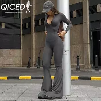 QICED женский осенне-зимний модный расклешенный тонкий комбинезон со специями и длинными рукавами S темно-серого
