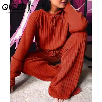 QICED Женский осенний однотонный свободный повседневный костюм в полоску с длинными рукавами и капюшоном S