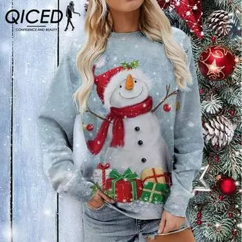 QICED Женский рождественский принт снеговика с круглым вырезом и длинными рукавами, осенний повседневный пуловер S