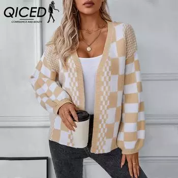 QICED Женский свитер в клетку контрастного цвета, повседневный свободный вязаный кардиган с рукавами-фонариками на осень и зиму S хаки