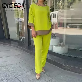 QICED Женский свободный повседневный комплект из топа с круглым вырезом, рубашки и прямых брюк большого размера M