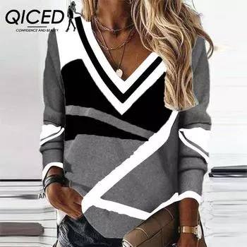 QICED Женский свободный свитер с длинными рукавами и V-образным вырезом Collision Geometric Print Temperament S красный