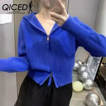 QICED Женский вязаный кардиган с капюшоном и двойной молнией, свободный свитер в стиле вестерн, пальто для женщин, осень-зима Uniform size белый