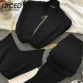 QICED Женский жилет, трикотажный жакет + эластичные брюки с укороченными штанинами, комплект из трех предметов S