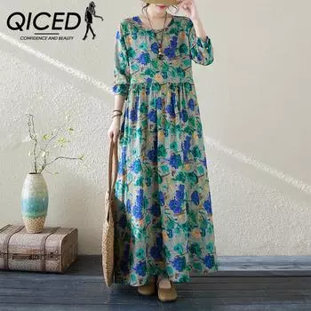 QICED Женское цветное праздничное платье с круглым вырезом больших размеров, винтажная длинная юбка с покрытием из хлопка и льна с мясом
