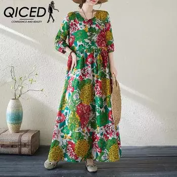 QICED Женское длинное платье из хлопка и конопли большого размера с принтом, женское весенне-летнее свободное платье с художественным темпераментом, тонкое платье с длинными рукавами и круглым вырезом в стиле ретро