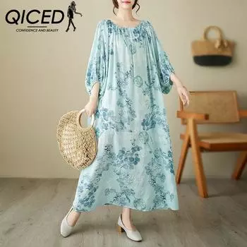 QICED Женское длинное платье из хлопка и льна с литературным принтом больших размеров, летнее и осеннее темпераментное свободное платье для похудения с мясом Uniform size