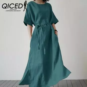 QICED женское длинное платье модный сарафан с разрезом снизу элегантный короткий рукав повседневный пояс хлопковое льняное платье для женщин S чёрный