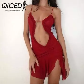 QICED Женское кружевное сетчатое платье с лямкой на бретельках, укороченная юбка S красный