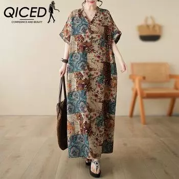 QICED Женское летнее хлопково-льняное платье большого размера Fat мм, свободная праздничная пляжная юбка, длинный халат с мясом