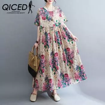QICED Женское летнее литературное веерное платье больших размеров из хлопка и льна с круглым вырезом и короткими рукавами с принтом, женская свободная тонкая длинная юбка трапециевидной формы Uniform size