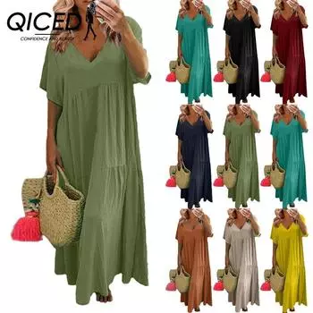 QICED Женское летнее модное однотонное платье с V-образным вырезом больших размеров, свободное длинное повседневное платье с коротким рукавом S чёрный