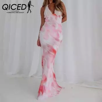 QICED Женское летнее модное платье с бретельками и бретельками без рукавов с высокой талией и одной линией, женское платье S