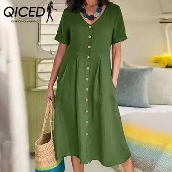 QICED Женское летнее повседневное хлопковое платье с V-образным вырезом и коротким рукавом на пуговицах S белый