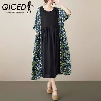 QICED Женское летнее винтажное платье в стиле пэчворк больших размеров с короткими рукавами, женское свободное платье размера плюс
