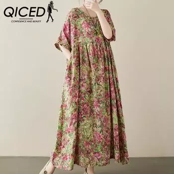 QICED Женское литературное длинное платье в стиле ретро больших размеров, летнее платье в национальном стиле с круглым вырезом и короткими рукавами