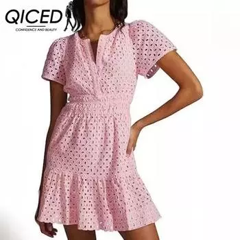 QICED Женское мини-платье А-силуэта с V-образным вырезом и короткими рукавами, плиссированное кружевом S белый