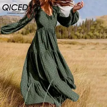 QICED Женское мини-платье макси с оборками и цветочным принтом, повседневные платья с длинным рукавом и V-образным вырезом M чёрный