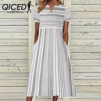 QICED женское модное клетчатое платье с нерегулярным полосатым принтом, V-образным вырезом, короткими рукавами и карманами, длинная юбка S серый