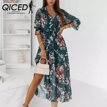 QICED Женское модное облегающее шифоновое платье с v-образным вырезом и боковым разрезом S бордовый