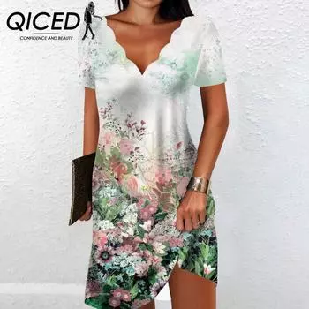 QICED женское модное платье с цветочным принтом и волнистым V-образным вырезом, свободное, с короткими рукавами S