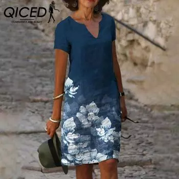 QICED Женское модное позиционирующее платье с принтом, V-образным вырезом и короткими рукавами S