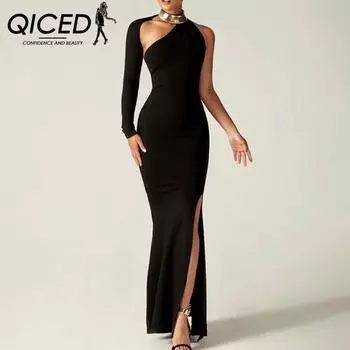 QICED женское модное сексуальное облегающее платье вокруг плеч, длинное платье с разрезом