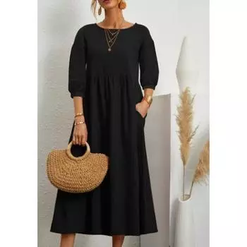 QICED женское однотонное модное свободное хлопковое льняное платье с рукавами-фонариками и карманами S чёрный