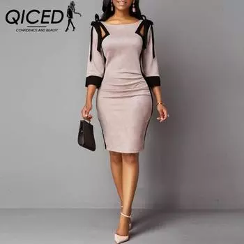 QICED Женское осенне-зимнее платье с завязками на плечах и рукавами три четверти с разрезом сзади S розовый