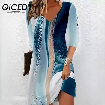 QICED Женское Осеннее Новое Платье Средней Длины С Принтом И V-образным Вырезом S синий