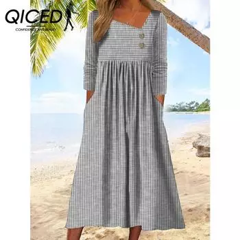 QICED Женское осеннее свободное повседневное платье в полоску с диагональным V-образным вырезом и длинными рукавами