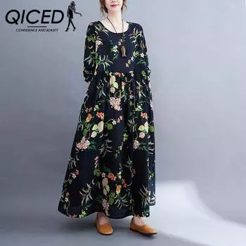 QICED Женское платье больших размеров, осеннее свободное платье с толстым животом, тонкая юбка с цветочным принтом, осеннее увеличение