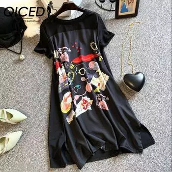 QICED Женское платье больших размеров А-силуэта свободного покроя, черное длинное платье-футболка, шелковистое, удобное L чёрный