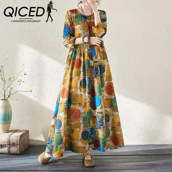 QICED женское платье большого размера, винтажное хлопковое длинное платье в горошек с принтом из конопли, женское весенне-летнее тонкое льняное платье с круглым вырезом и длинными рукавами