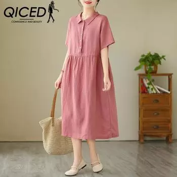 QICED женское платье большого размера, льняное платье, женский пуловер с короткими рукавами, средней длины, однотонное хлопковое льняное платье
