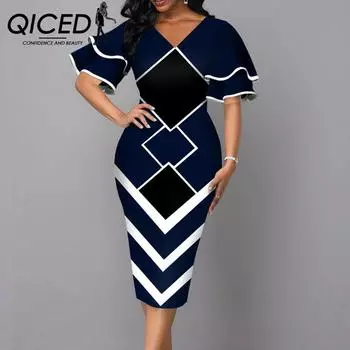 QICED Женское платье Commuter с принтом и рукавами-кефаль, с V-образным вырезом, с рукавами-клёш, стильные модные платья S жёлтый