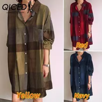 QICED Женское платье-рубашка с отложным воротником и длинными рукавами, летнее модное платье с клетчатым принтом S красный