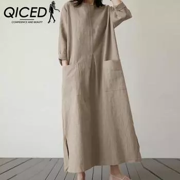 QICED женское платье с длинным рукавом, весеннее элегантное платье с круглым вырезом, женский повседневный модный праздничный сарафан S