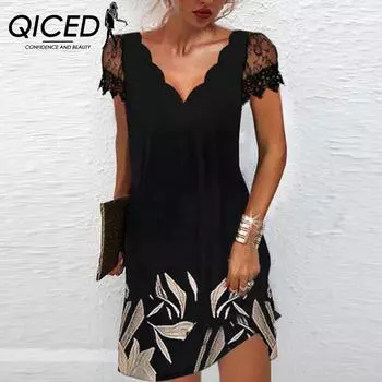 QICED Женское платье с короткими рукавами, кружевным лоскутным узором, V-образным вырезом и принтом «волна» S