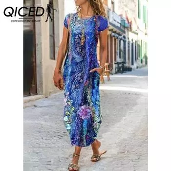 QICED Женское платье с круглым вырезом и карманами с короткими рукавами и трендовым принтом S зелёный