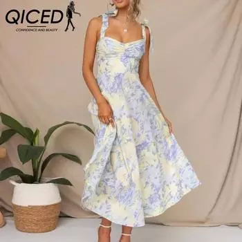 QICED Женское платье средней длины с тонкой талией и v-образным вырезом через шею с принтом S синий