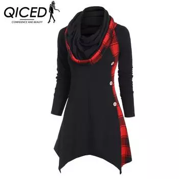 QICED Женское платье средней длины с ромбовидной юбкой и двойным капюшоном в клетку, подходящая по цвету осенне-зимняя расцветка S