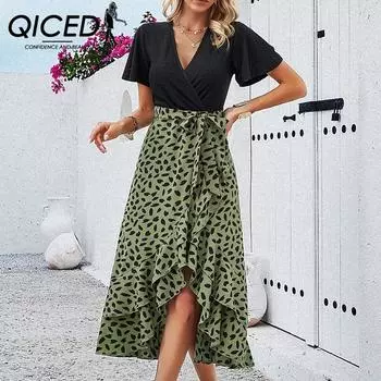 QICED Женское платье весенне-летнее контрастное платье с v-образным вырезом S бордовый