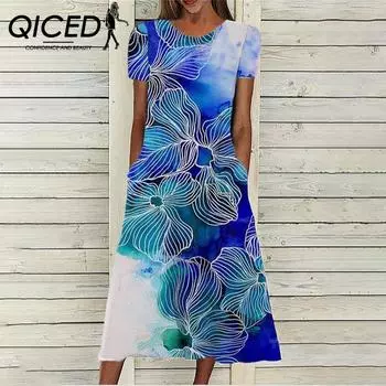 QICED Женское платье весна-лето с цветочным принтом, круглым вырезом и короткими рукавами, карманами S