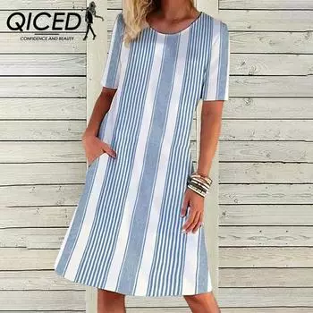 QICED Женское платье весна-лето в полоску с градиентным принтом, карманом, круглым вырезом и короткими рукавами S светло-синий