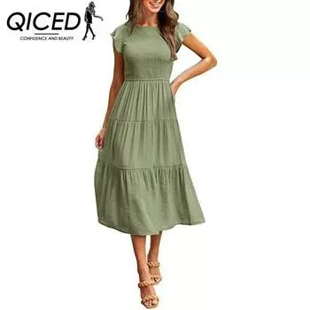 QICED Женское плиссированное многослойное свободное платье с короткими рукавами и широкими рукавами S белый