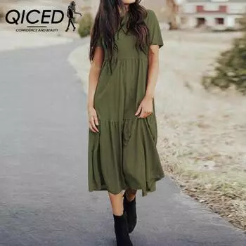 QICED Женское повседневное однотонное свободное платье со складками и круглым вырезом S чёрный