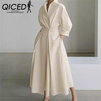 QICED Женское повседневное свободное длинное платье с отложным воротником и длинным рукавом S чёрный