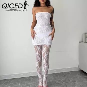 QICED женское сексуальное кружевное платье с запахом Royal Sister, облегающее комплект с колготками S чёрный