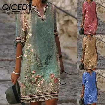 QICED Женское сексуальное платье-футболка с V-образным вырезом, летнее женское платье с коротким рукавом, женское облегающее платье миди, пляжная юбка, платье с принтом, повседневное платье S красный